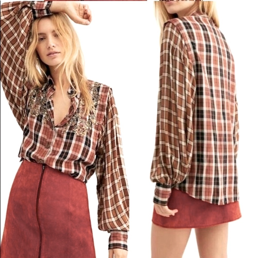 FREE PEOPLE AMAZING PLAID SEQUIN TOP